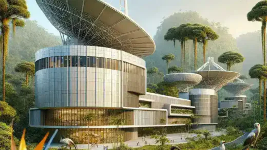 "Satellite communication research center inauguration in Papua, Indonesia with officials and researchers gathered around the facility."