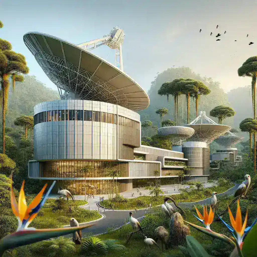 "Satellite communication research center inauguration in Papua, Indonesia with officials and researchers gathered around the facility."