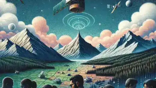 "Diagram sistem navigasi berbasis satelit yang dirancang untuk meningkatkan aksesibilitas dan layanan di wilayah terpencil, menampilkan satelit, perangkat penerima, dan peta wilayah."