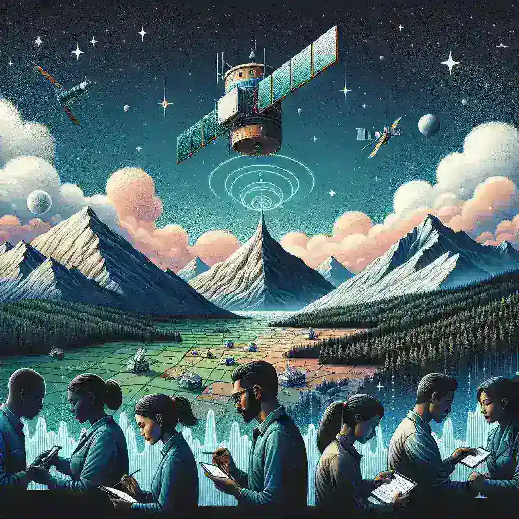 "Diagram sistem navigasi berbasis satelit yang dirancang untuk meningkatkan aksesibilitas dan layanan di wilayah terpencil, menampilkan satelit, perangkat penerima, dan peta wilayah."