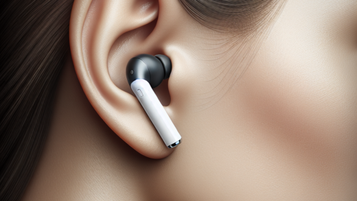 "AirPods digunakan sebagai alat bantu dengar, dengan fokus pada pengguna yang mendengarkan musik dan berinteraksi dengan suara di lingkungan yang tenang."