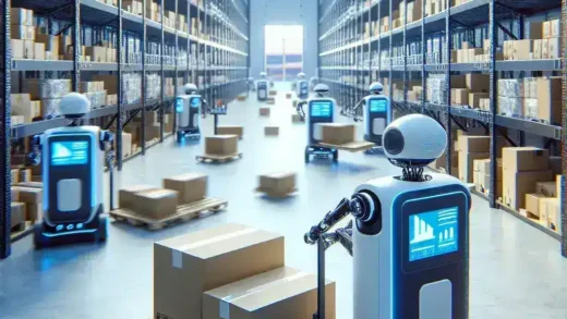 Here’s an SEO-optimized alt text for the image: "Robot otomatis di gudang e-commerce Startup Logistik Indonesia, meningkatkan efisiensi pengelolaan inventaris dan pengiriman barang."