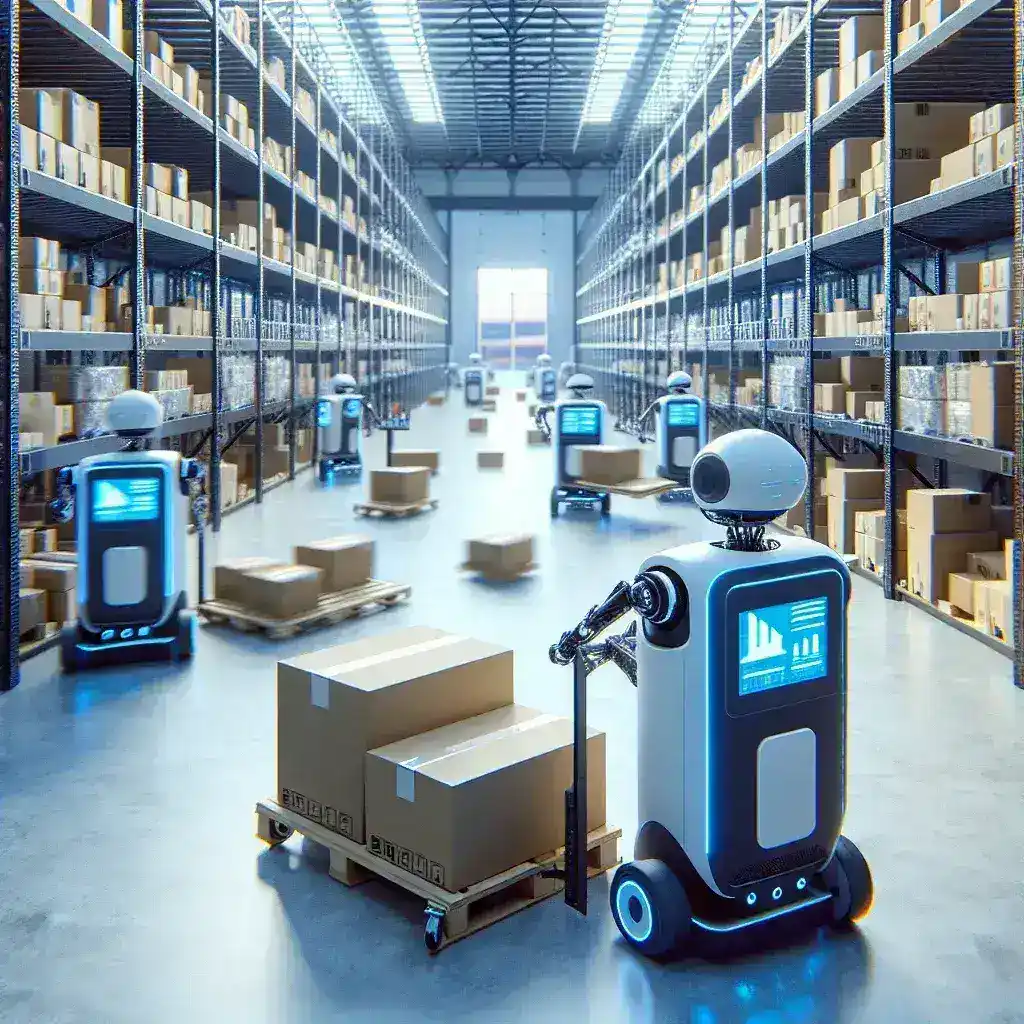 Here’s an SEO-optimized alt text for the image: "Robot otomatis di gudang e-commerce Startup Logistik Indonesia, meningkatkan efisiensi pengelolaan inventaris dan pengiriman barang."