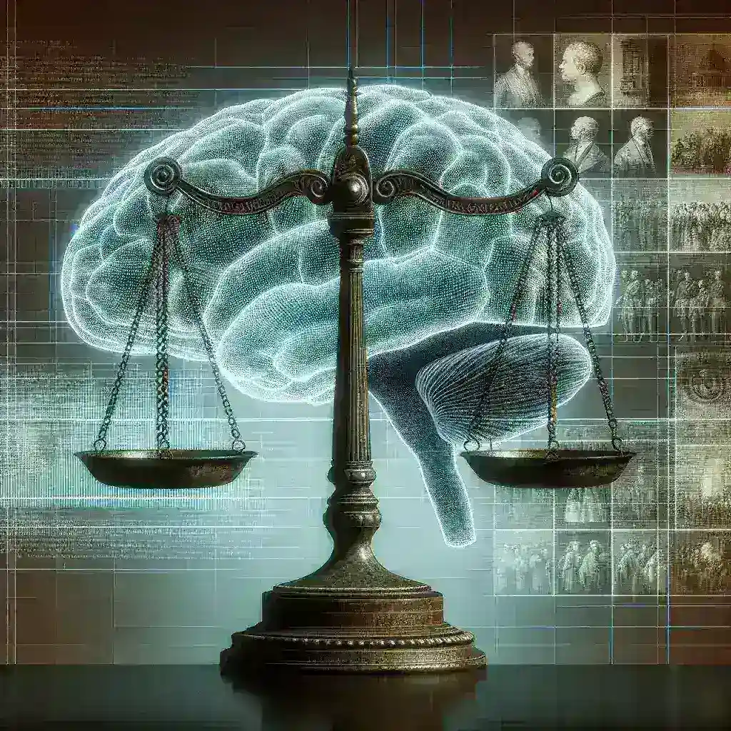 "Ilustrasi debat etika tentang pengelolaan memori sejarah menggunakan teknologi AI, menampilkan pemikir dan ahli sejarah berdiskusi di sekitar meja dengan laptop dan buku, simbolik pertukaran ide dan inovasi dalam konteks sejarah."