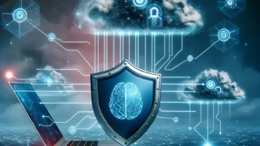 "Ilustrasi penggunaan kecerdasan buatan dalam keamanan siber untuk mendeteksi ancaman dan perbandingan dengan malware, menunjukkan grafik analisis data dan alat pemantauan siber modern."